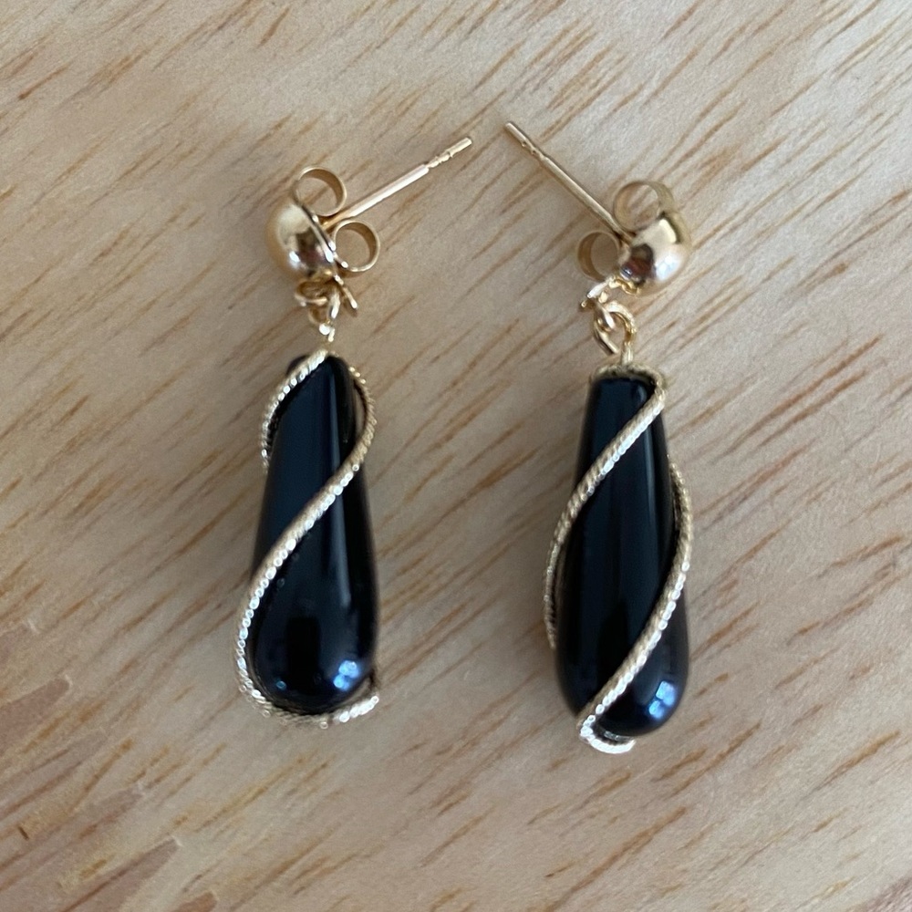 14K Yellow Gold 1” Onyx Dangle Gold Wire Twist Drop Earrings Vintage Unique - Picture 4 of 8